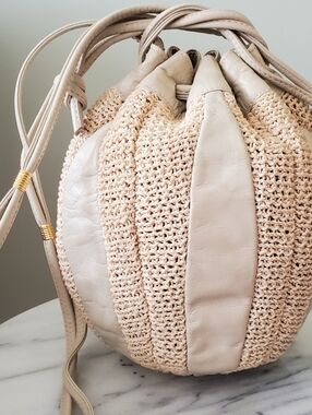 Vintage Cream Italian Leather Panel Crocheted Bucket Bag Purse